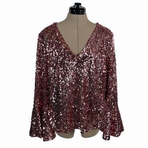 Anthropologie Moulinette Soeurs Sequined Top 8 Bell Sleeve Pink V Neck Sparkly